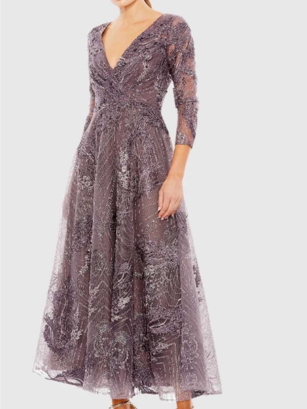 Mac Duggal Dusty Lavender V-Neck Embellished Maxi Dress